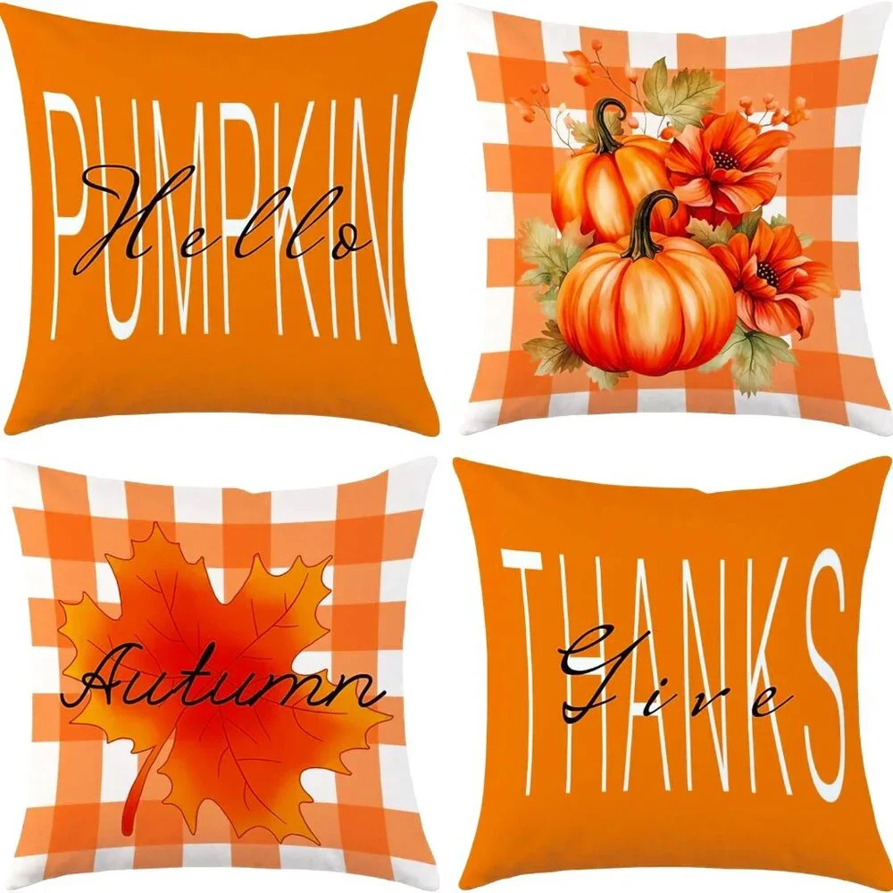 THANKSGIVING FALL FARMHOUSE AUTUMN PUNPKIN ACCENT PILLOW COVERS 4 PIECE SET NWT